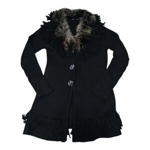 IB Diffusion XL Black Knit Cardigan Sweater Faux Fur Fringe Stevie Nicks Y2K